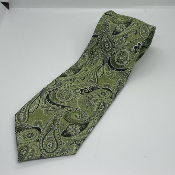 Pronto-Uomo Green Silver Paisley Pure Silk Career Office Necktie NWOT - Picture 6 of 6